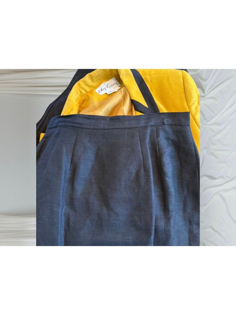 Vintage Oleg Cassini Mustard & Black Linen Double-Breasted Skirt Suit Set - Picture 9 of 9